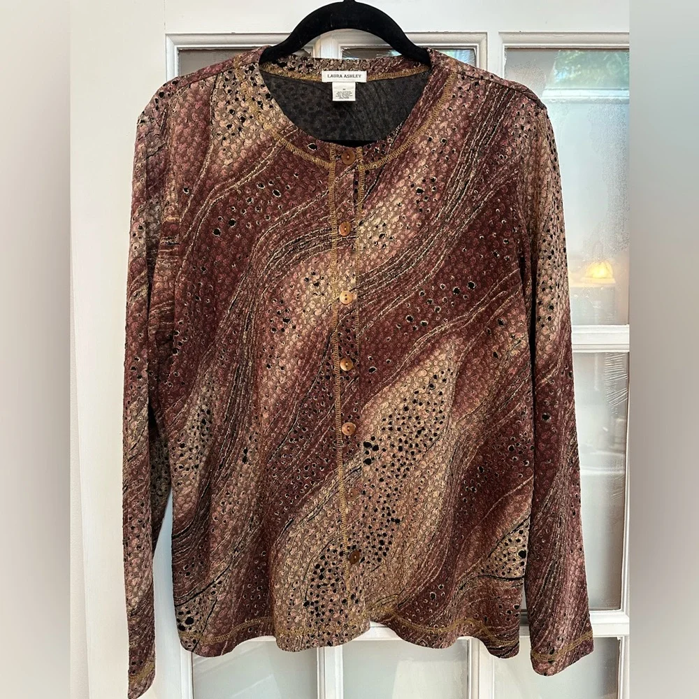 Vintage Laura Ashley Earthy Toned Golden Ombre Button-Up Cardigan Sweater Size M